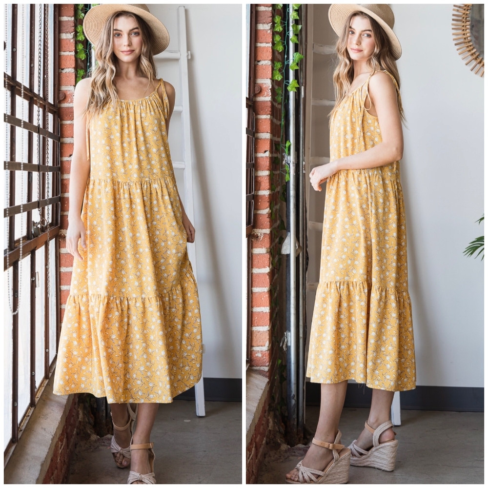 Feminine Boho Chic Yellow Floral Relaxed Fit Tiered Maxi Dress - Picture 8 of 8